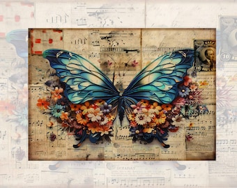 Puede incluir: Una mariposa azul con alas intrincadas está rodeada de flores coloridas sobre un fondo de partitura musical vintage. La mariposa está centrada en la imagen y parece estar hecha de papel o tela. La partitura musical tiene texto descolorido y notas musicales.