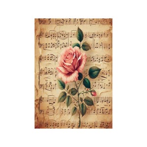 Papier de riz pour decoupage, grands formats | Roses & partitions | Vintage musical | Motif floral NT16