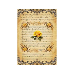 Papier de riz pour decoupage, grands formats | Roses & partitions | Vintage musical | Motif floral NT06