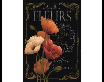 Può includere: Una stampa incorniciata in nero e oro con un design floreale vintage. La stampa presenta un bouquet di papaveri arancioni, rossi e crema con il testo "FLEURS Jardin de Fleurs La Boilive" in uno script decorativo.