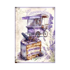 May include: Watercolor illustration featuring a lavender-themed scene. A purple cart with a canopy is parked near a slice of cake, decorated with lavender flowers. The word "Lavender" is written above the cart. Lavender sprigs frame the scene.