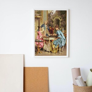 Chess game painting rice paper framed on a white wall; frame not included.