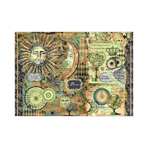Könnte beinhalten: Ein Collage-Kunstwerk mit himmlischen und antiken Elementen. Das Design umfasst eine Sonne mit Gesicht, einen Halbmond, einen Schlüssel, eine Krone und einen Globus. Die Farbpalette wird von Erdtönen mit Akzenten in Türkis und Gold dominiert.