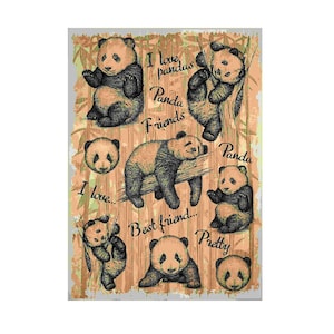May include: A decorative print featuring multiple illustrations of pandas in various poses. The pandas are black and white with brown accents, set against a backdrop of bamboo and text that reads "I love pandas", "Panda Friends", "Best friend", and "Pretty".