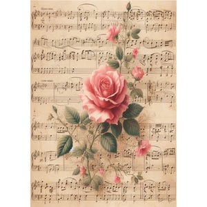 Rice Paper for Decoupage | Rose & Sheet Music | Vintage Floral Pattern