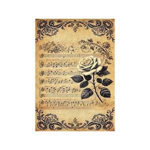 Papier de riz pour decoupage, grands formats | Roses & partitions | Vintage musical | Motif floral NT04