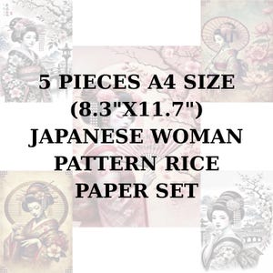 Rijstpapier 5 ST. (A4) SET 8,3 x 11,7 | Decoupagepapier rijst | Japans geisha-vrouwenpatroon washi en rijstpapier voor decoupage ST10