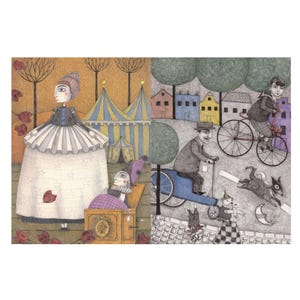 High-quality rice decoupage paper for furniture and DIY crafts featuring two whimsical, surreal illustrations. The left panel shows a girl in a large white star-patterned skirt standing near a yellow circus tent, with a jack-in-the-box clown emerging beside her. The right panel depicts a vintage street scene with characters on a bicycle and a scooter, a running dog, and colorful European-style houses in the background. Perfect for unique furniture upcycling and storytelling decor.