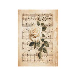 Papier de riz pour decoupage, grands formats | Roses & partitions | Vintage musical | Motif floral NT15