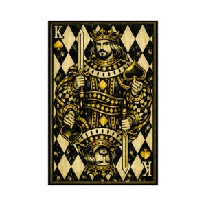 May include: A playing card featuring the King of Spades with a black and gold diamond pattern background. The king wears a crown and holds a sword in each hand. The design is mirrored vertically, with the letter K and spade symbols in corners.