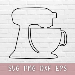 May include: A black and white outline of a stand mixer. The mixer has a bowl and a tilting head.