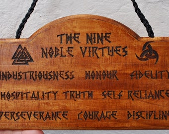 The nine noble virtues of the Vikings, Odin&#39;s Horned Triskel and Valknut. Laser engraved wooden sign. Viking wall decoration