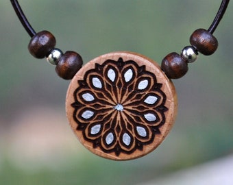 Mandala flower pendant, Engraved wooden necklace, painted in silver, Personalized gift for women, handmade jewelry.