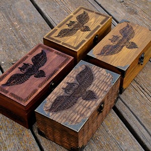 Wooden box engraved with an owl, a spiritual symbol of wisdom; a jewelry box gift for men; personalized with a name