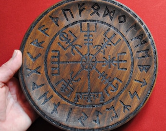 Viking Vegvisir decoration. Pine wood plate engraved with the Vegvisir and Elder Futhark runes.