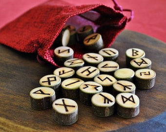 Viking Futhark runes made of olive wood, 24 runes + the white rune of Odin. Divination with runes. Travel runes. Gift for green witch
