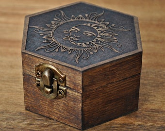 Sun and Moon, small engraved wooden box. Personalized box for runes, jewelry box, box with initials and moss filling for rings.