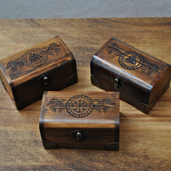 Viking chest box, Vegvisir, Valknut and Horned Triskel. Gift for Viking fan, Norse mythology altar box, unique wooden craftsmanship for men