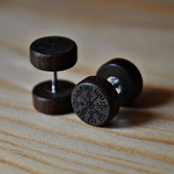Vegvisir Viking earrings made of dark brown wood and hypoallergenic steel. Gift for him, Viking jewelry. False threaded dilators