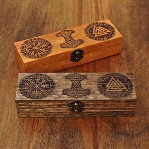 Viking box engraved with Mjolnir, Valknut and Vegvisir, wooden penholder laser engraved with Viking talismans, personalized gift name