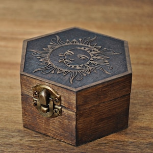 Sun and Moon, small engraved wooden box. Personalized box for runes, jewelry box, box with initials and moss filling for rings.