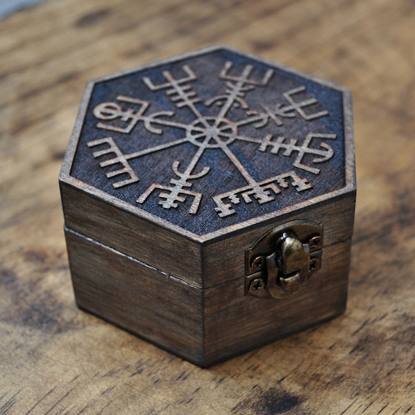 Vegvisir, coffret viking hexagonal en bois. Cadeau pour fan vikings, boîte à runes, mythologie nordique, boîte à alliances personnalisée
