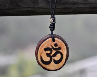 Om, engraved wooden pendant. Yoga symbol. Hindu necklace. Handmade sustainable jewelry. Personalized gift for men and women