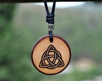 Celtic Triquetra necklace, wooden talisman pendant, pagan amulet, Wicca, personalized gift for green witch, handmade jewelry