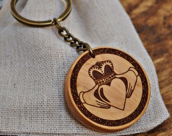 Claddagh, Celtic keychain of love and friendship. Laser engraved and personalized wooden keychain. Unique gift for him and for her.