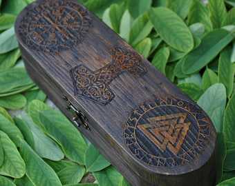 Viking box Valknut, Vegvisir and Mjolnir. Wooden plumier. Desktop organizer. Personalized gift. Viking home décor