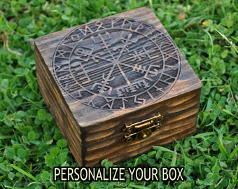Vegvisir box engraved with pine wood. Personalized gift for Viking fan. Small wedding ring box. Rune box