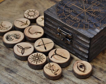 Runes of the Witch of pine wood with box Vegvisir. Divination. 13 Wicca runes with instructions. Gypsy runes. Gift for witch