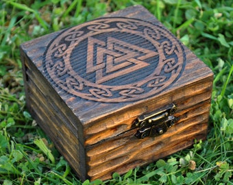 Viking box made of pine wood engraved with the Valknut. Box for runes. Wedding ring box. Box for dice. Viking home decoration