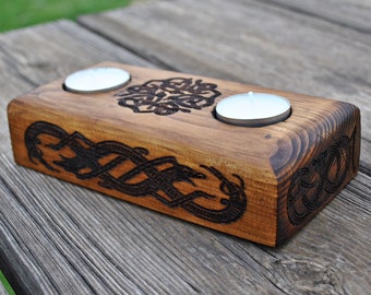 Wooden Viking candle holder. Unique piece decorated with ornaments art Jelling. Decoration artisan pagan altar. Gift for Viking