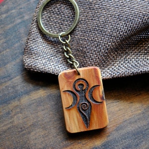 Mother earth and triple moon. Goddess. Pyrographed juniper wood keychain. Personalized keychain. Amulet. Talisman. Wicca image 1
