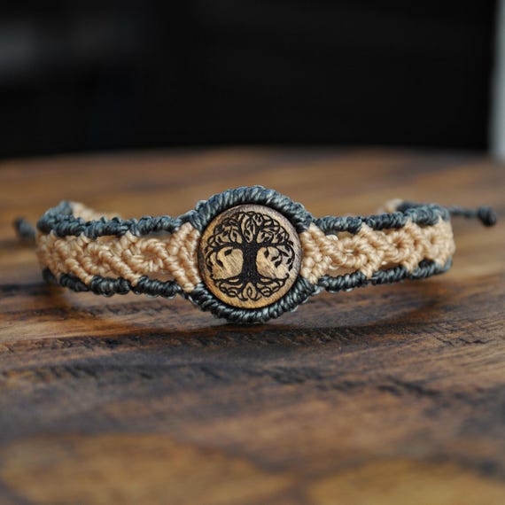 Tree of Life Bracelet Made of Wood and Green and Beige Braided  display picture 1
