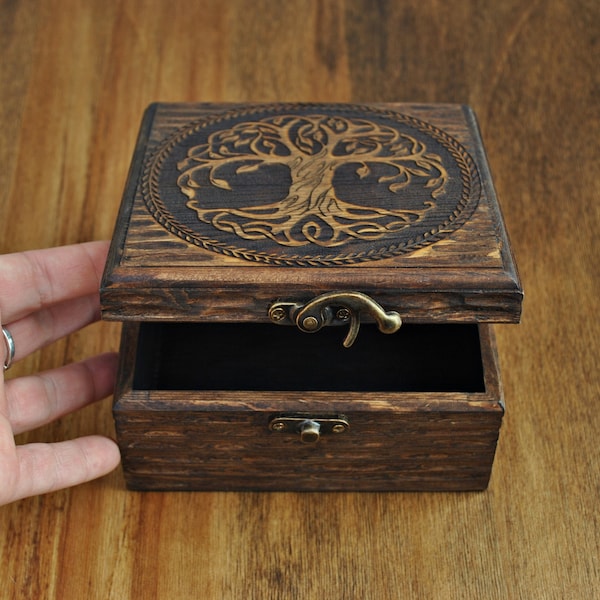 Tree of Life, wooden box. Box for souvenirs. Witch jewelry box. Wiccan altar box. Viking Yggdrasil, Norse mythology, unique gift.