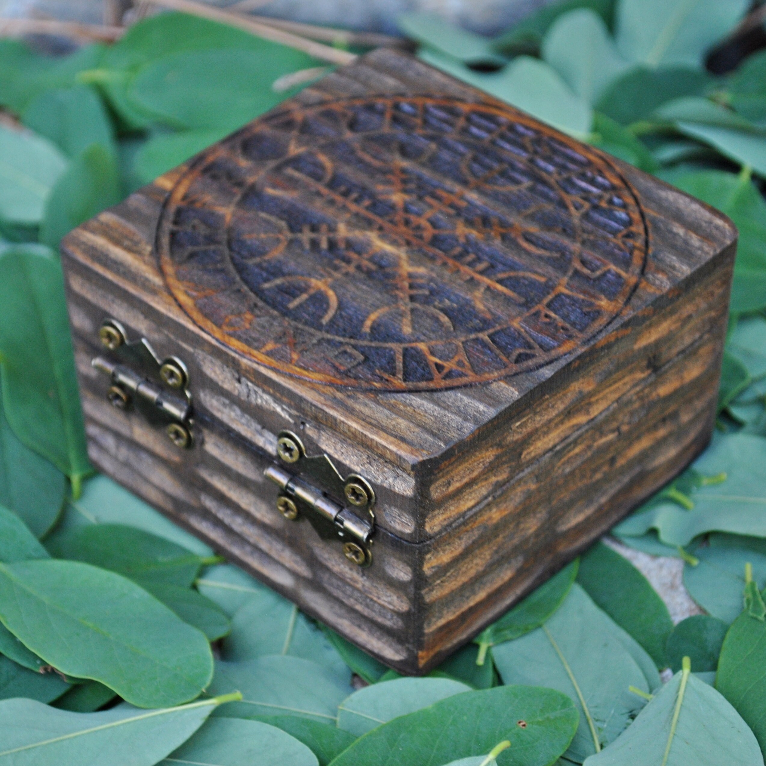 Pine Wood Box Engraved With Aegishjalmur and Runes. Box for Etsy
