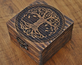 Caja Árbol de la Vida. Joyero pequeño de madera personalizado. Caja para runas. Caja anillos de boda Pagana. Regalo para bruja. Caja altar