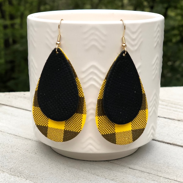 Handmade Yellow & Black Buffalo Plaid Teardrop Faux Vegan Leather Earrings Drop Dangles Steelers Iowa Hawkeyes