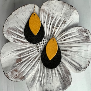 Handmade Yellow black Petite Teardrop Faux Vegan Leather Earrings lightweight Drop Dangles Steelers Hawkeyes