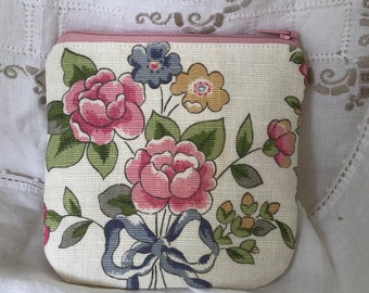 Vintage Calendar Towel Zippered Pouch - Pink Rose -Small Bag