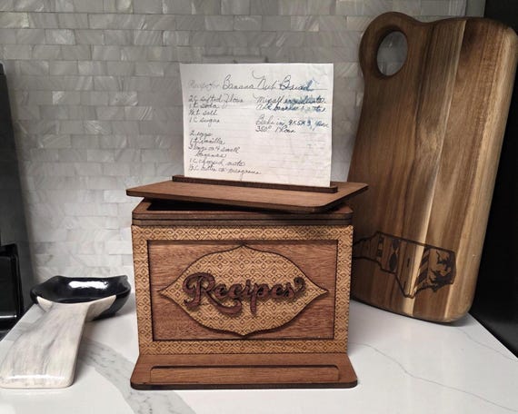 Handmade Wooden Recipe Box with Dividers, Mahogany & Cherry Recipe Box, Recipe Card Box with Tablet Stand, Heirloom Kitchen Gift