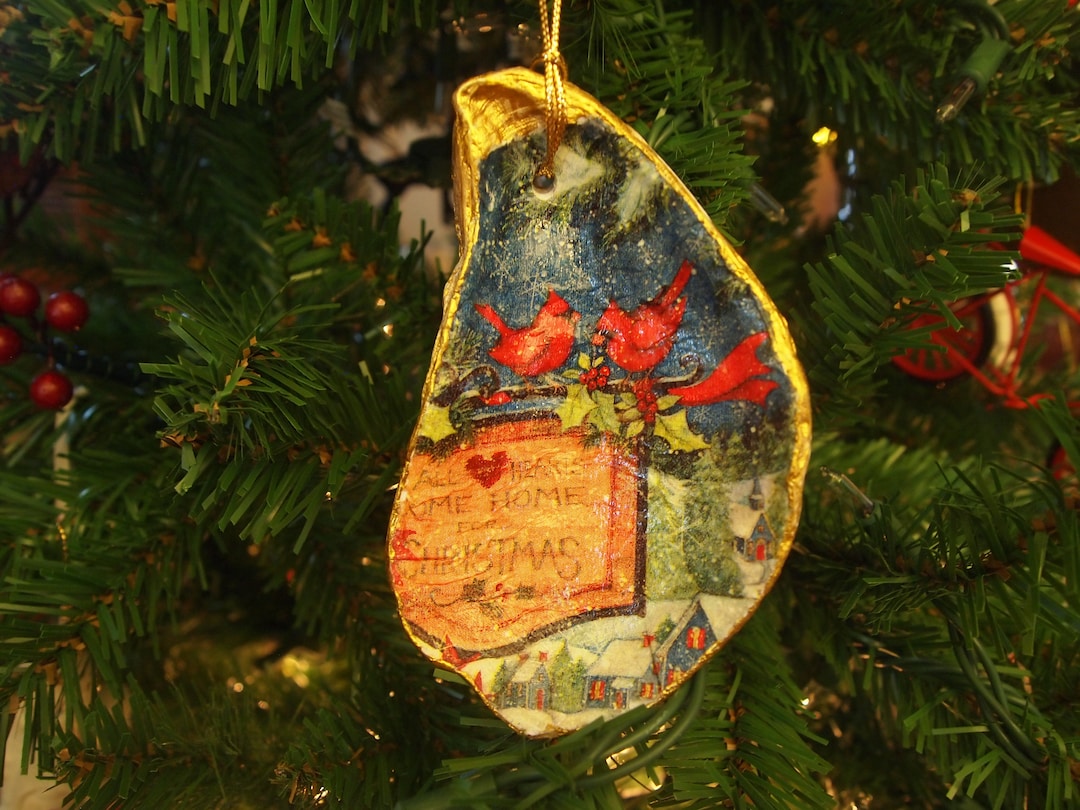 Decoupage Oyster Shell Christmas Ornament Etsy