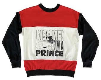80s Red White Black "Kiss Me I'm A Prince" Crew Neck Color Block Sweat Shirt Large/XL