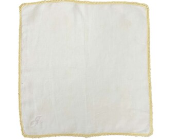 60s Yellow White Handkerchief with embroidered "J" in corner and tatted lace trim