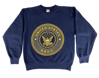 90s Navy Blue U.S. NAVY Reflective Crew Neck Sweat Shirt Size Small Made in U.S.A.