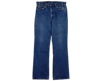80s Orange Tab lil E Medium Wash  Levis Blue Jeans 517 Five Pocket Boot Cut Zip Fly Size 34x31