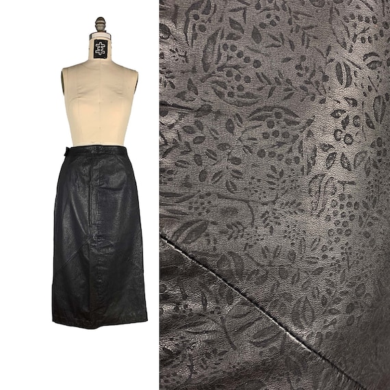 70s 80s Goth Vampire Floral Embossed Leather Calf… - image 1