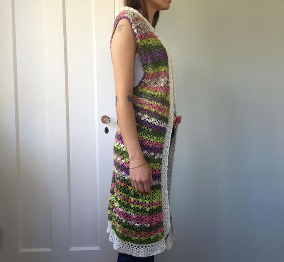 80s Crochet Handmade Mutli-Color Long Cardigan Ve… - image 7